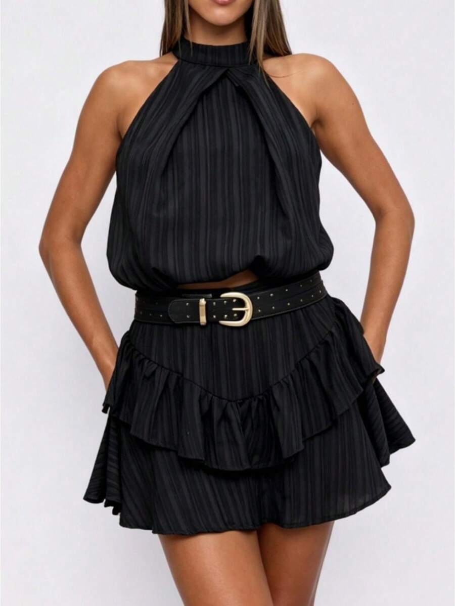 Women Summer 2 Piece Outfits Backless Tie Up Halter Tops And Mini Ruffled Tiered Skirt Set For Streetwear - Black - View 1