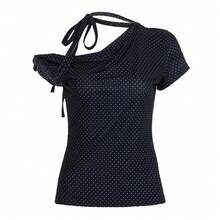 Camisetas con estampado de lunares para mujer, Tops de verano con un solo hombro, diseño bonito, camisetas ajustadas informales coreanas para ir al trabajo en la oficina - Negro - Ver 5