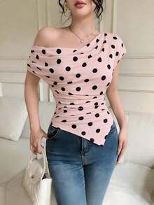 Camiseta asimétrica de mujer elegante con estampado de lunares, para verano - Rosa - Ver 7