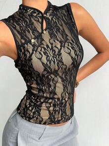 Chaleco de estilo chino retro con cuello negro para mujer - Negro 4 - Ver 1