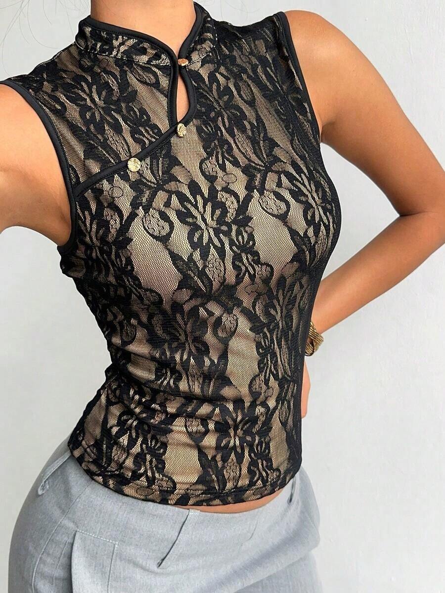 Chaleco de estilo chino retro con cuello negro para mujer - Negro 4 - Ver 1