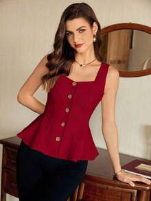 Blusa de mujer vintage, elegante y clásica, con cierre de botones metálicos con forma de flor, blusa sin mangas blanca, para primavera/verano - Burdeos - Ver 6