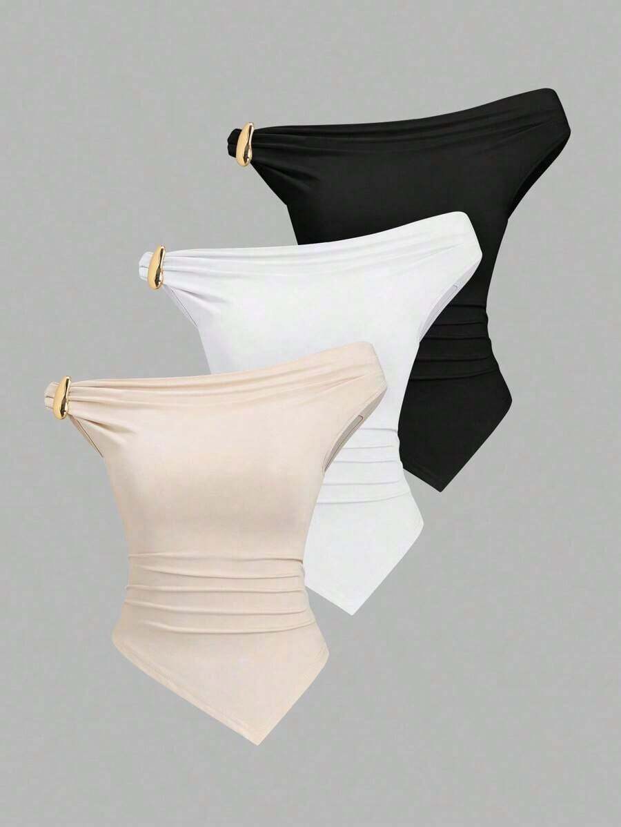 Sweetro Conjunto de 3 piezas de moda europea y americana para mujer en unicolor, con decoración metálica, dobladillo retorcido y dobladillo asimétrico, camiseta casual y versátil para uso diario - Multicolor 13 - Ver 1