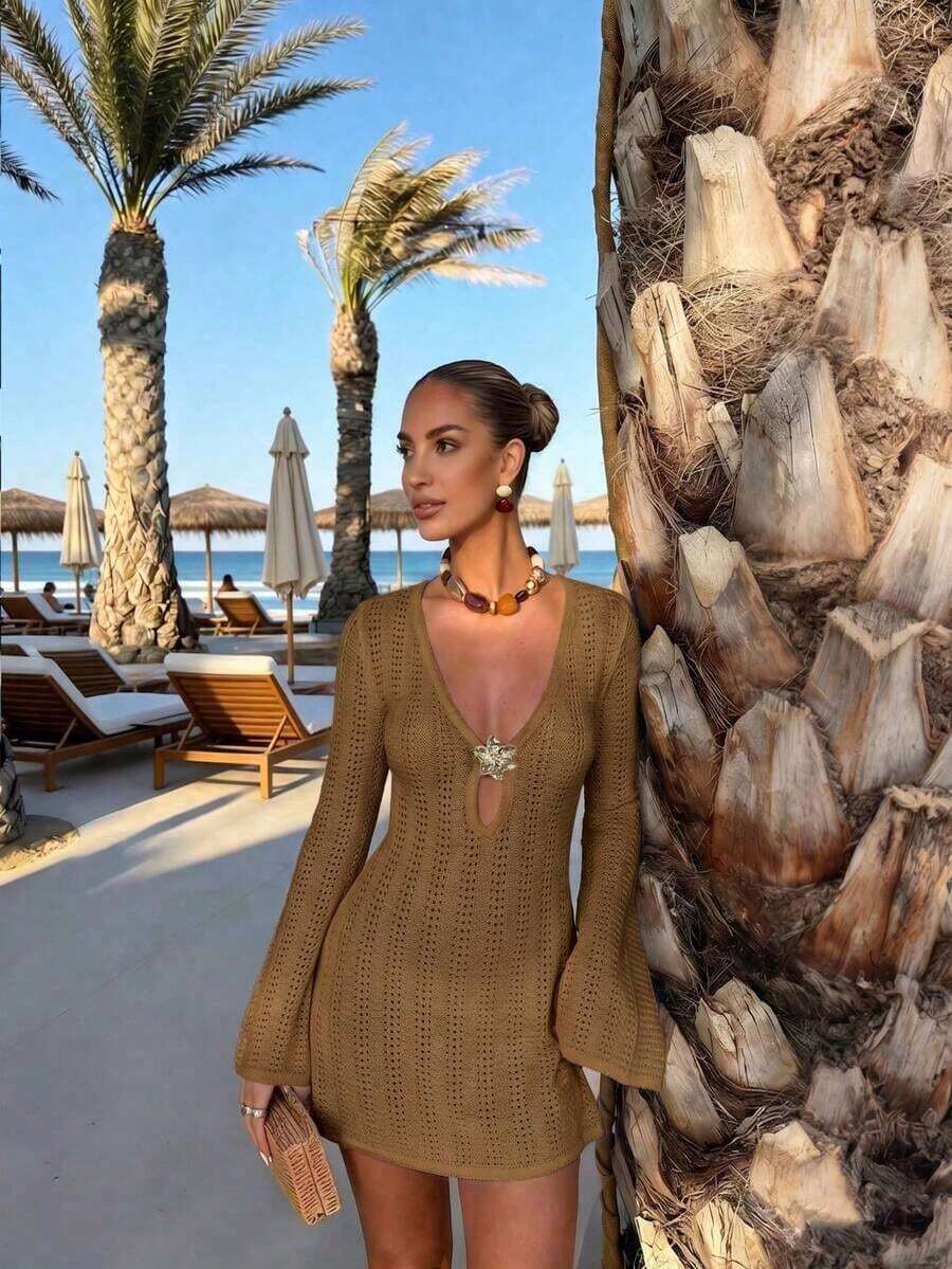 Vestido de manga larga de punto para mujer, estilo de vacaciones en la playa - Camello profundo - Ver 1
