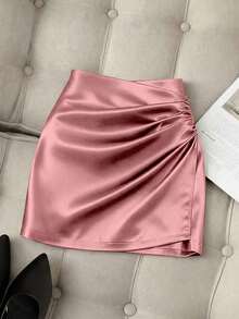 Falda ajustado plisada de cintura alta con dobladillo asimétrico brillante y elegante para mujer, primavera/verano - Rosa - Ver 7