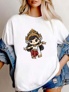1 Piece Women's T-Shirt With Apsara Khmer Cambodian Print, Cute Traditional Dance T-Shirt, Vintage Washed Style, Versatile, Casual, Slightly Soft, Graphic, Unisex, 180g, 100% Cotton - 白色 - 查看 7