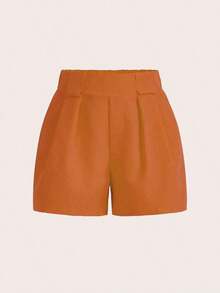 Pantalones cortos casuales sueltos con piernas anchas y plisados de unicolor para mujeres - Naranja - Ver 3