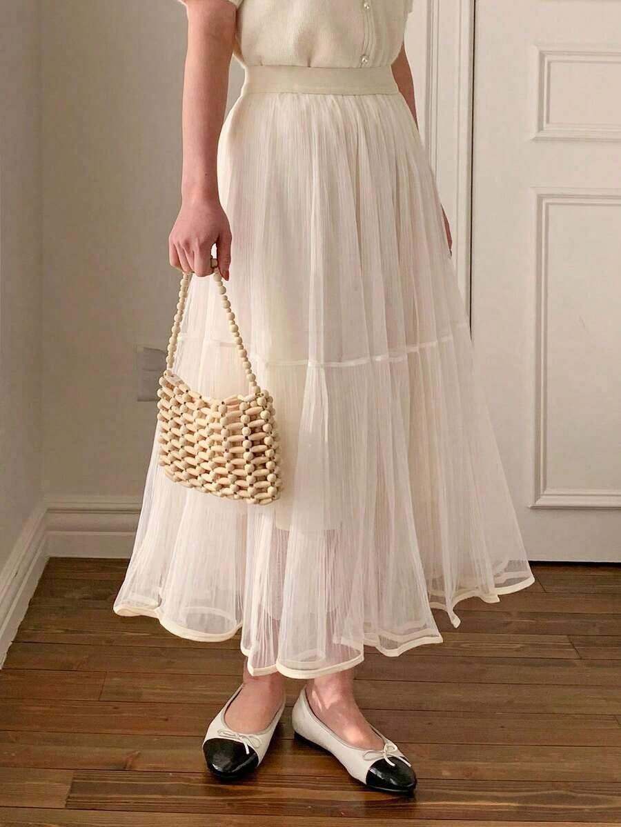 Falda elegante de línea A con cintura elástica y malla de unicolor para mujer, de verano - Albaricoque - Ver 1