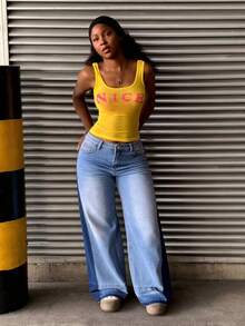 Jeans rectos con costura de color combinado efecto levantador de glúteos anchos - Azul - Ver 5