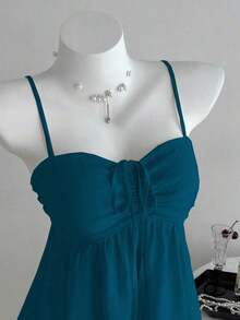 Camiseta de tirantes con volantes de unicolor lindo para damas, ropa de verano para la universidad - Agua verde azul - Ver 3