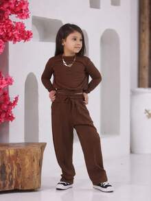 Conjunto de calça e croped infantil e juvenil frio inverno para lindas meninas - Marrom - Visão 5