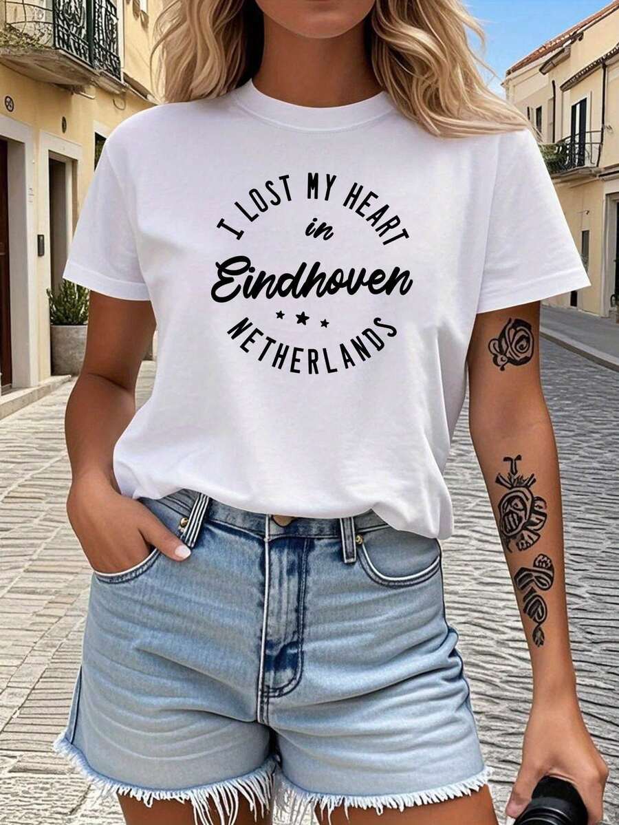 I Lost My Heart In Eindhoven Netherlands Print Women's T-Shirt Travel Europe Daily Outing Top Romantic Artistic Style Crew Neck Machine Washable Travel Vibe Tee - 白色 - 查看 1