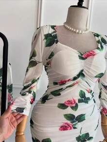 Vestido midi cuello cuadrado estampado estilo corte real vintage otoño 2026, tejido elástico y corte ajustado en cadera - Blanco - Ver 3