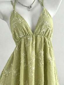 Vestido de mujer con escote en V profundo, tirantes de espagueti, espalda descubierta y volantes, con textura floral azul, sexy y cautivador para vacaciones en la playa en verano - Verde - Ver 5
