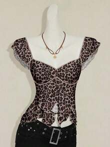 Top sin mangas con volantes, escote con pliegues, ajuste ceñido, parches de malla sexy, espalda con lazo, top casual de vacaciones - Multicolor - Ver 8