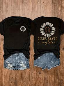 Short-Sleeved T-Shirt With A Round Neck And An Inspirational Floral Print With The Phrase "Jesus Saved My Life," A Faith-Inspired Design, Printed On Both Sides, A Fashionable One-Piece Garment, A T-Shirt For Mother's Day, The Best Gift With A "Best Mom" Print, A Cotton T-Shirt For Everyday Wear, Comfortable And Kind To The Skin. - 黑色 - 查看 7