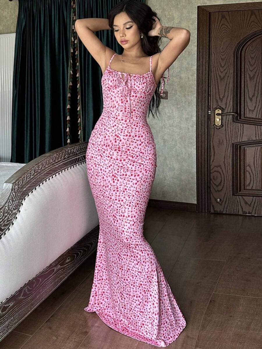 Popular Style Of Women's Long Dress With Small Floral Print - 粉色 - 查看 1