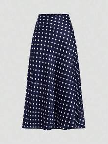 Falda de estilo vacacional elegante y retro con estampado de lunares para mujeres, otoño, invierno - Azul marino - Ver 1