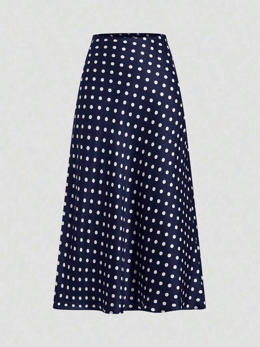 Falda de estilo vacacional elegante y retro con estampado de lunares para mujeres, otoño, invierno - Azul marino - Ver 1