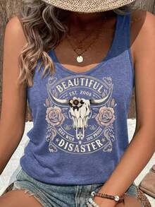 Beautiful Disaster Cow Skull Roses Tank Top Women's Summer Graphic Tee Loose Fit Beach Vacation Outfit - Màu xanh hải quân - Xem 2