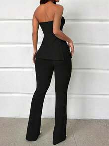 Conjunto de top bandeau y falda larga con abertura alta en color verde sólido para mujer - Negro - Ver 2