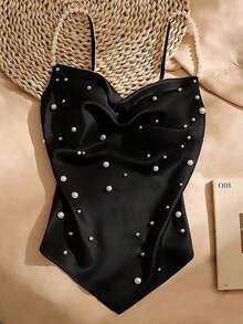 Camiseta de tirantes casual y versátil con decoración de perlas falsas para uso diario - Negro - Ver 1
