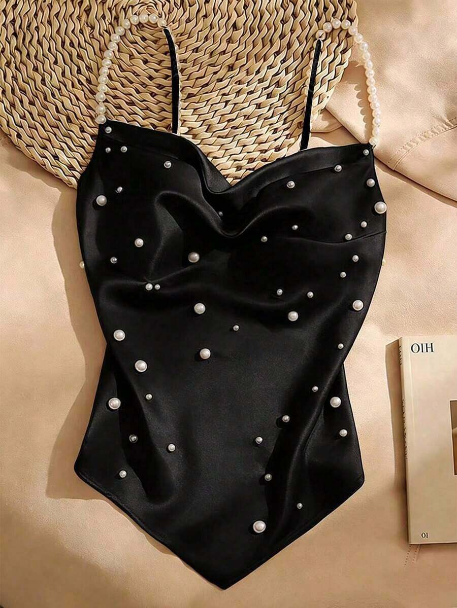 Camiseta de tirantes casual y versátil con decoración de perlas falsas para uso diario - Negro - Ver 1