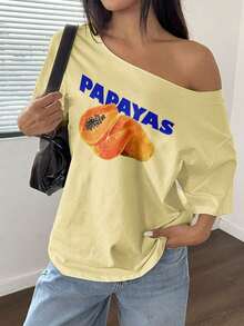 Camiseta holgada de manga corta con estampado de fruta de papaya y cuello asimétrico, color rosa - Amarillo - Ver 1