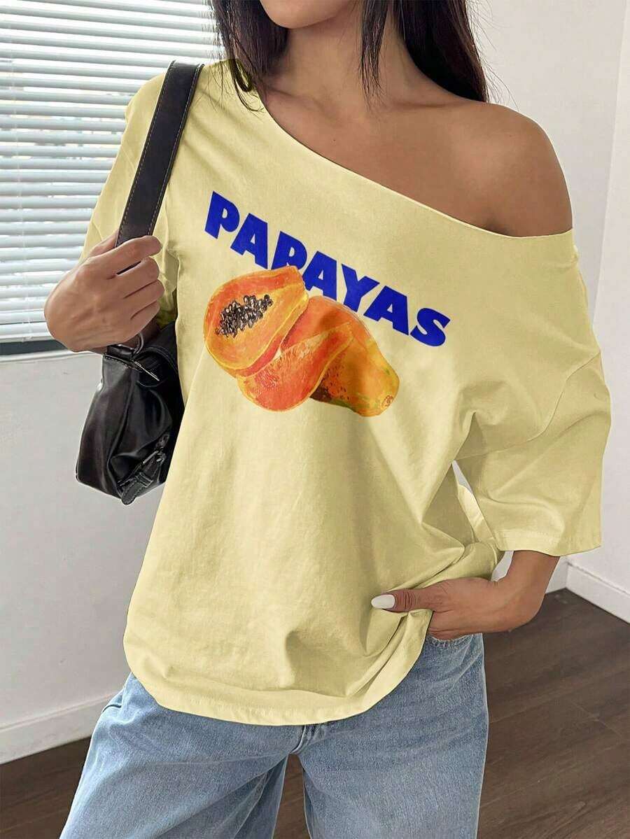 Camiseta holgada de manga corta con estampado de fruta de papaya y cuello asimétrico, color rosa - Amarillo - Ver 1