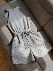 Mono corto sin mangas para mujer, mono de pierna ancha de nueva llegada 2026, mono elegante de lunares grises con cintura ceñida que estiliza, adecuado para ir al trabajo, ocasiones formales y uso diario - Gris - Ver 2