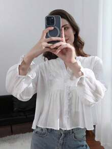 HH Blusa elegante y única de estilo francés, con bordado floral y diseño calado, camisa casual de manga larga para mujer para primavera/verano - Beis - Ver 6