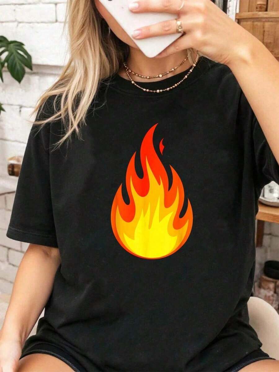 Vintage 100% Cotton Flame Design T-Shirt For Adults, Flame Costume T-Shirt For Women, Women's Warm Clothing - 黑色 - 查看 1