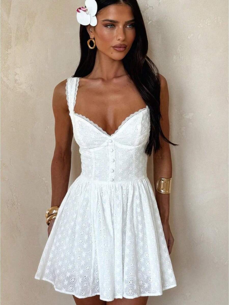 Women's Summer Mini Dress Stylish Solid Lace Trim Flower Embroidered Hollow Details Sleeveless V Neck A Line Dress - Blanco - Ver 1