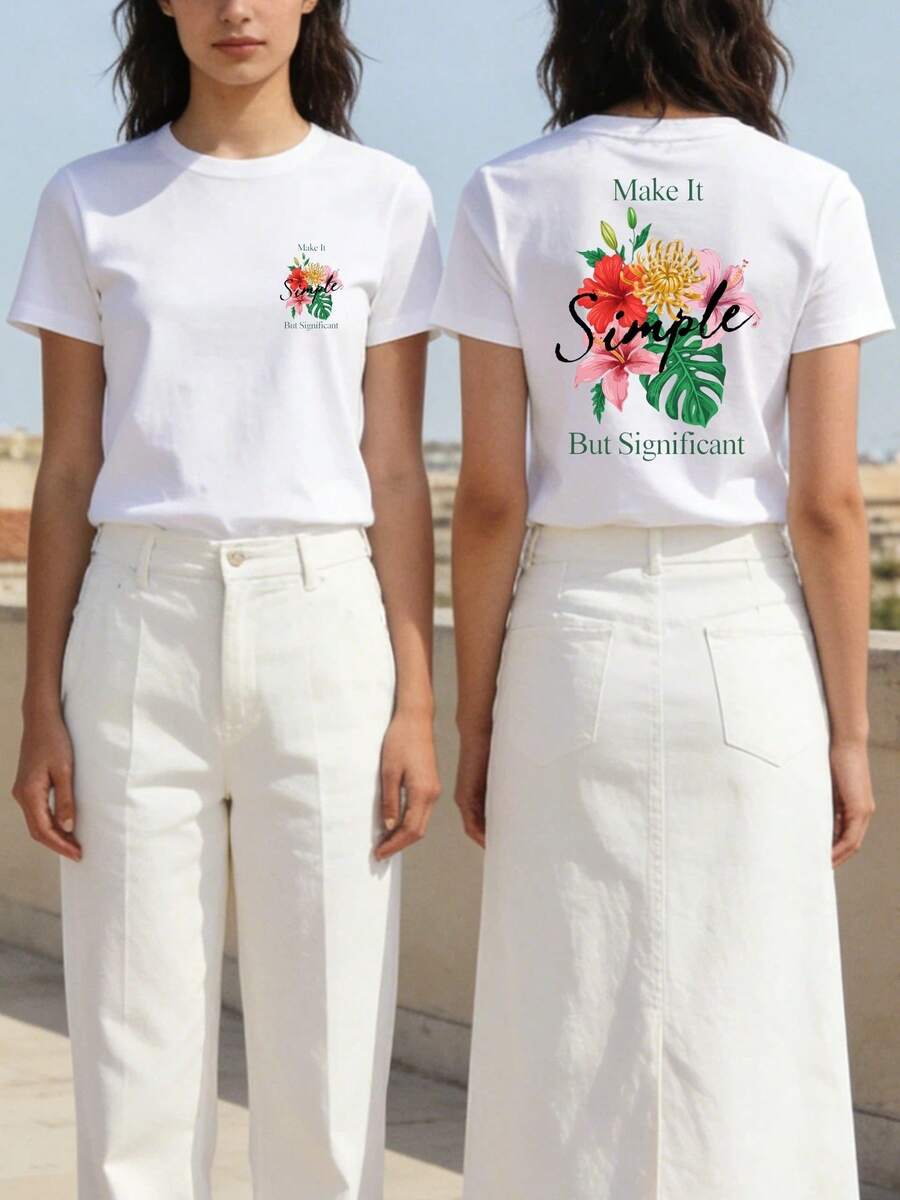 Women's Summer White T-Shirt With Simple But Meaningful Text Slogan, Hibiscus, Lily, Monstera Leaf, Floral Motif, Graphic, Minimalist, Aesthetic, Botanical Design, Tropical Floral Theme, Casual, Outdoor, Daily Use, Vacation Outfit, Summer Tops - White - View 1