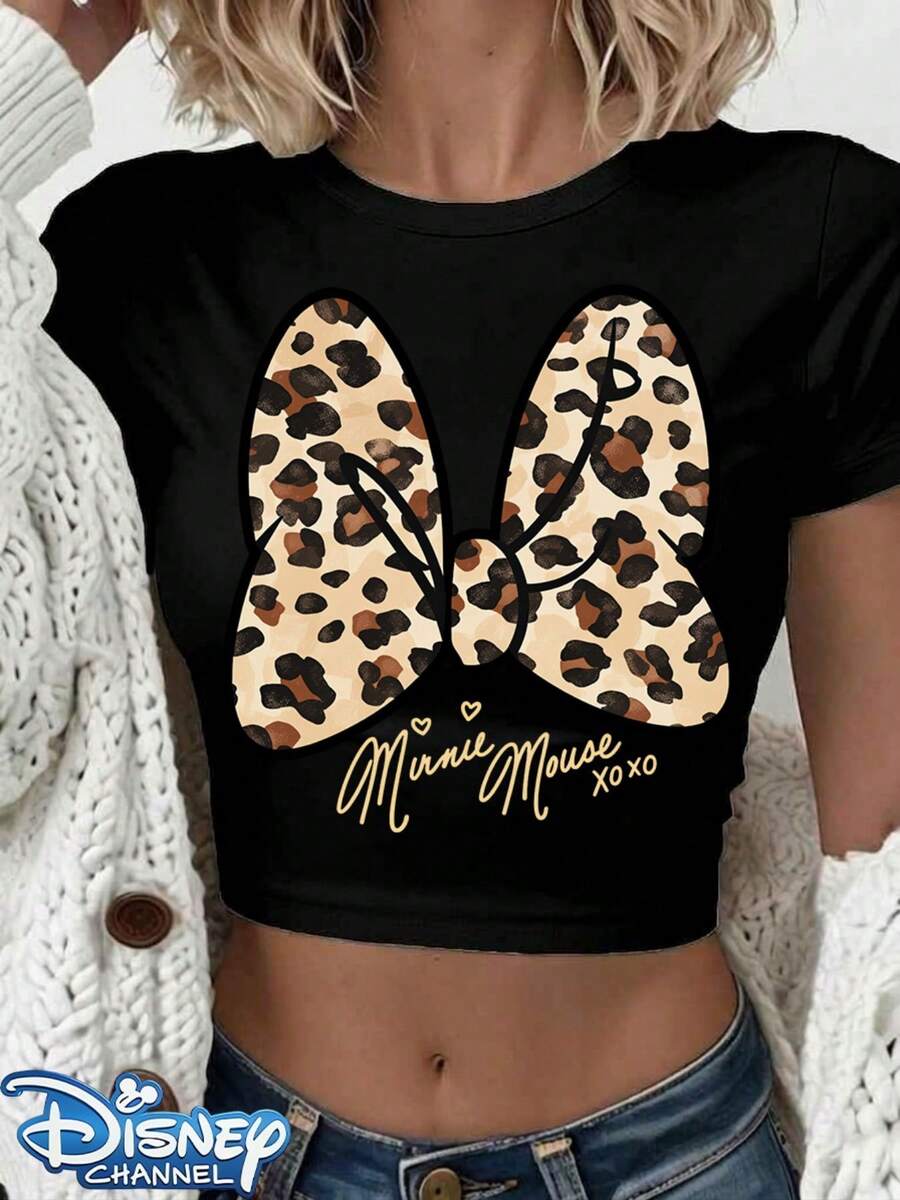 Authentic Disney: Featuring A Brand-New Minnie Mouse Design With A Stylish Leopard-Print Bow Graphic, This Women's Casual T-Shirt Offers A Slim-Fit, Cropped Silhouette With A Classic Crew Neck. A Summer Wardrobe Staple Crafted From Polyester, It Is Versatile Enough For Everyday Wear, Casual Outings, And Travel. Designed For Comfort With A Relaxed Fit, It Makes An Ideal And Perfect Gift For Her. Machine Washable. (Tags: Holiday Outfits For Women, Festival Outfits, Linen Shirt, White Top)The Sizing Runs Small; If You Prefer A Loose Fit, Please Choose One Size Up. - Black - View 1