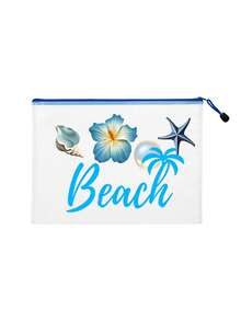 多色防水時尚網格沙灘包，印有「Beach」字樣的化妝包，羽毛花朵、朱槿、海星、貝殼和珍珠元素，大容量透明化妝包，尼龍拉鍊盥洗包，輕巧，可存放防曬霜、零食、比基尼和沙灘必需品，適合送給朋友、家人、閨蜜、同學的生日、節日、派對、婚禮（伴娘）、教師節禮物與紀念品，郵輪必備，夏季度假禮物 - 彩色 - 查看 16
