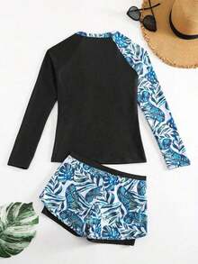 Conjunto de tankini de traje de baño de manga larga con estampado tropical y patchwork para vacaciones de verano en la playa - Multicolor - Ver 2