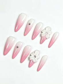 10 piezas de uñas postizas hechas a mano de forma almendrada larga, color rosa y blanco con flores tridimensionales, diseño lindo y elegante con estilo Y2K, brillo suave y destellos, para mujeres, uso en primavera, verano, otoño, invierno, vacaciones y vida diaria - Rosa - Ver 2