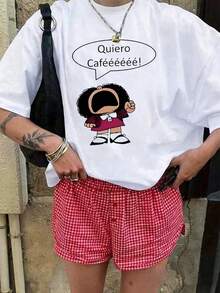 女款趣味西班牙語口號T恤，時尚舒適透氣短袖上衣，大尺碼，春/夏 - 白色2 - 查看 2