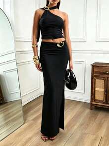Elegant Solid Color Circular Ring Halter Neck Crop Top & Slit Skirt 2-Piece Set, Suitable For Summer Dates Black - Black - View 4