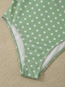 Traje de baño de dos piezas con estampado de lunares, escote asimétrico y espalda descubierta, atuendo de vacaciones en la playa para el verano - Verde Limelight - Ver 8
