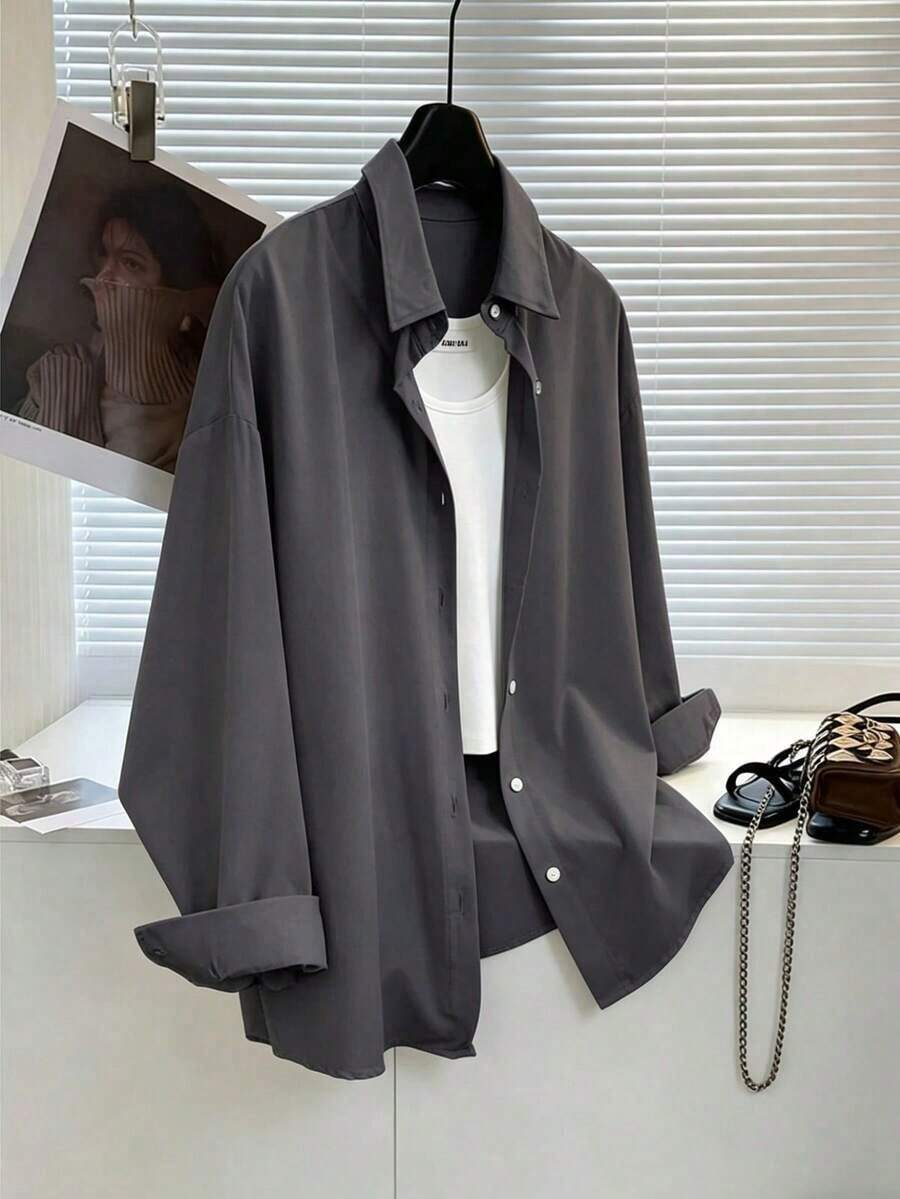 Camisa de mujer de manga larga, de unicolor, versátil y casual, holgada - Gris - Ver 1