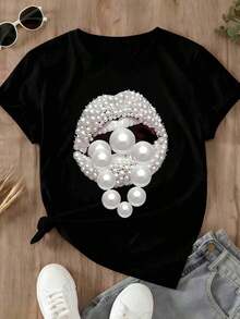 1 pieza Camiseta de manga corta para mujer, talla grande, para el Día de San Valentín, con estampado de labios de perla, atuendo casual para fiestas y uso diario, 180g Algodón 100%. - Negro - Ver 3