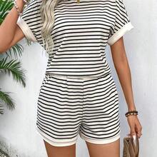 Women's Summer Striped Round Neck Batwing Sleeve Top And Shorts Casual 2-Piece Set - Azul Marino - Ver 2