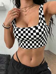 小號女款黑白格紋綁帶短版背心T恤套裝，保暖衣物，秋季女士外套，假期短版上衣 - 黑與白 - 查看 4