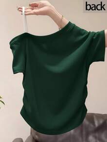 Japanese Style White Asymmetrical Shoulder Star & Letter Print Short Sleeve T-Shirt, Niche Artistic Style Summer Casual - Dark Green - View 2