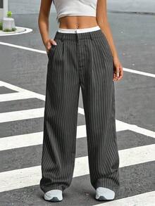 Pantalones anchos de mujer con pliegues y rayas, con cintura de bloques de color para otoño/invierno - Gris - Ver 6