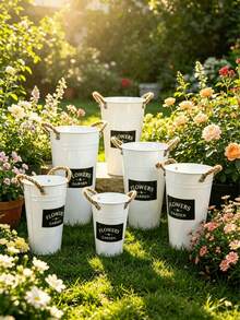 1/3/5 Stücke klassischer Metalleimer mit Griff, minimalistischer Stil, vielseitig, Umarmungseimer, geeignet für Partygeschenke, Blumen, Garten, getrocknete Blumen, Vase für frische Blumen, Blumeneimer für Heimdekoration, Blumen nicht enthalten - Weiß mit Griff - Übersicht 4