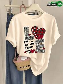 Camiseta de manga corta para mujer con estampado de letras LOVE con diseños de leopardo y cuadros, cuello redondo, de poliéster, apta para uso diario, salidas casuales, fin de semana y citas, estilo casual romántico, ideal para primavera y verano, envío gratis en México. - Albaricoque - Ver 3