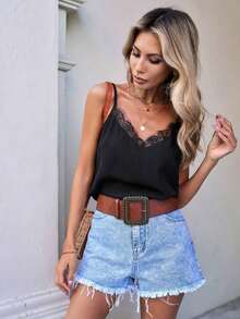 Top Camisola Con Patchwork De Encaje - Negro - Ver 5
